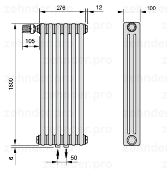 Схема (чертеж) Радиатор Zehnder Charleston 3180/6 №V007 Белый глянцевый RAL 9016